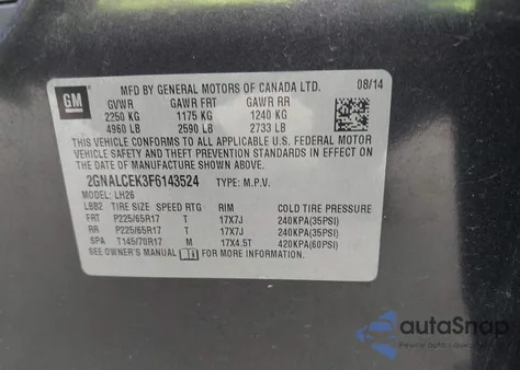 2015 Chevrolet Equinox 2Lt z USA, uszkodzony, nr VIN 2GNALCEK3F6143524